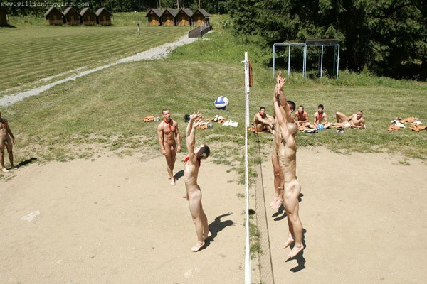 Naked Men Playing Volleyball